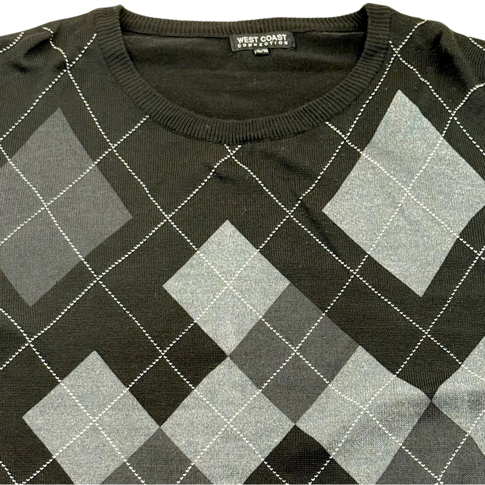 West Coast Connection Argyle Sweater Mens XL Black Gray Crewneck Knit Pullover